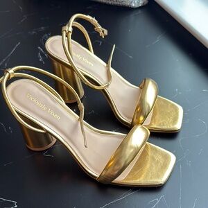 Viciously Vixen Gold Block Heel Sandals